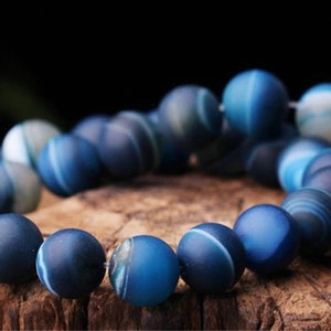8mm-10mm Natural Frosted Stripe Agate Beads, Blue, Round, 15.4 Inch Strand (GA68)