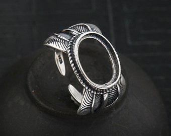 Ring Blank (10x14mm Oval Blank) Adjustable Thai Sterling Silver Ring Base Oval Cabochon Ring Setting Feather Style Ring R1254B