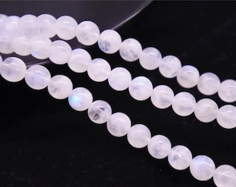 Grade A Rainbow Moonstone Beads Blue Flash Moonstone, Genuine Natural Gemstone, Smooth Round 5mm 6mm, 15.4 Inch Strand (GN14)
