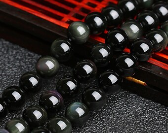 Grade A Natural Rainbow Black Obsidian Beads, Smooth Round 4mm-20mm, 15.4 Inch Strand (GO01)