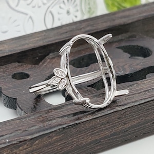Ring Blank (13x18mm Oval Blank) Adjustable Ring Setting Long-Lasting White Gold Plated 925 Silver Zircon Ring Base R947B