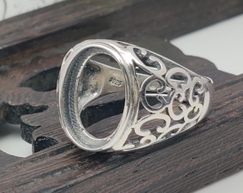 Adjustable Thai Sterling Silver Ring Blank Openwork Ring Base (10x14mm Oval Blank) R002B
