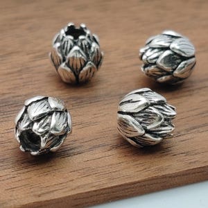 4pcs 8mm Thai Sterling Silver Beads, Carved Lotus Shape, Solid 925 Silver Bead Spacers (S048T)