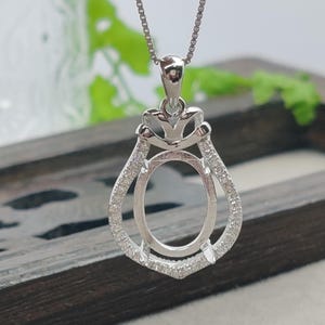 Pendant Blank (10x14mm Oval Blank) White Gold Plated 925 Silver Zircon Pave Pendant Base Oval Cabochon Pendant Setting P402B