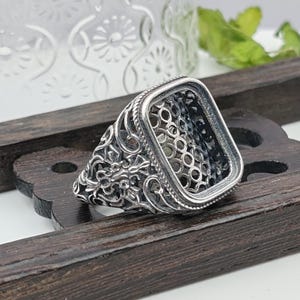 Men&#39;s Ring Blank (14x18mm Rectangle Blank) Adjustable Thai Sterling Silver Ring Base Vintage Style Rectangle Cabochon Ring Setting R928B