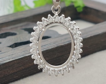 Anhängerrohling (13x18 mm) mit Weißgold 925 Silber Zirkon Pave Anhänger Basis Oval Cabochon Anhänger Fassung P325B