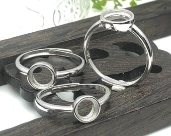 Ring Blank (6x6mm/7x7mm/8x8mm/9x9mm Round Blank) Long-Lasting White Gold Plated 925 Silver Ring Base Adjustable Ring Setting R898B