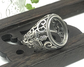 Ring Blank (12x15mm Oval Blank) Adjustable Thai Sterling Silver Ring Base Antique Style Oval Cabochon Ring Setting R1421B
