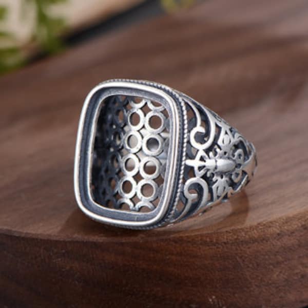 Men's Ring Blank (14x18mm Rectangle Blank) Adjustable Thai Sterling Silver Ring Base Vintage Style Rectangle Cabochon Ring Setting R928B