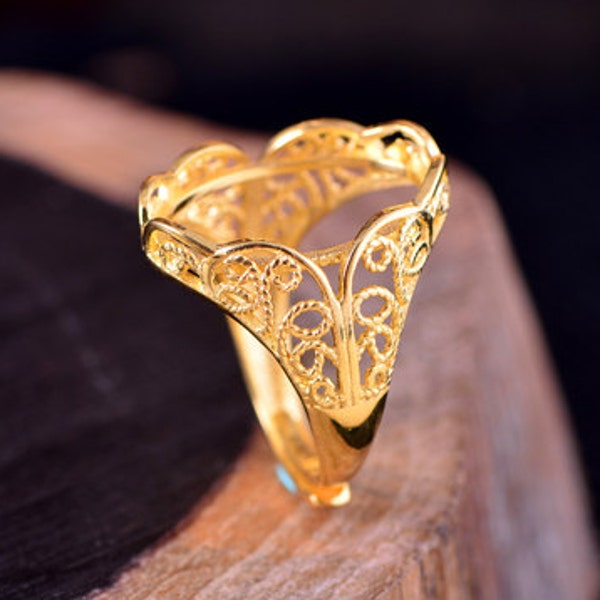 Long-Lasting 24K Gold Plated Sterling Silver Ring Blank Adjustable Filigree Ring Base (13x18mm Oval Blank) R018B