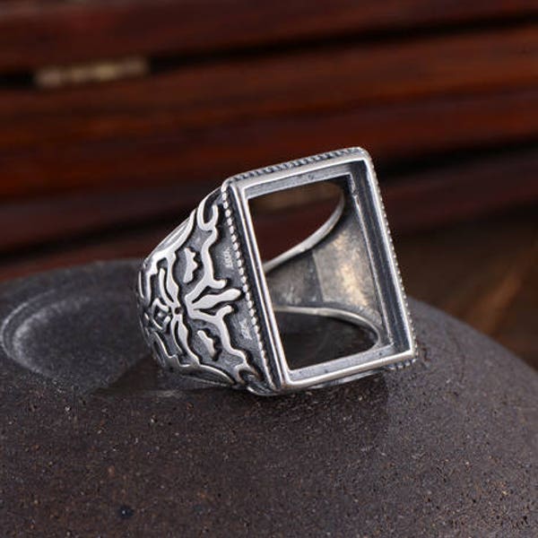 Men's Ring Blank (12x17mm Rectangle Blank) Adjustable Thai Sterling Silver Ring Base Vintage Style Rectangle Cabochon Ring Setting R835B