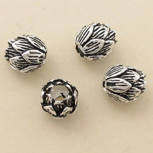 4pcs 8mm Thai Sterling Silver Beads, Carved Lotus Shape, Solid 925 Silver Bead Spacers S048T image 1