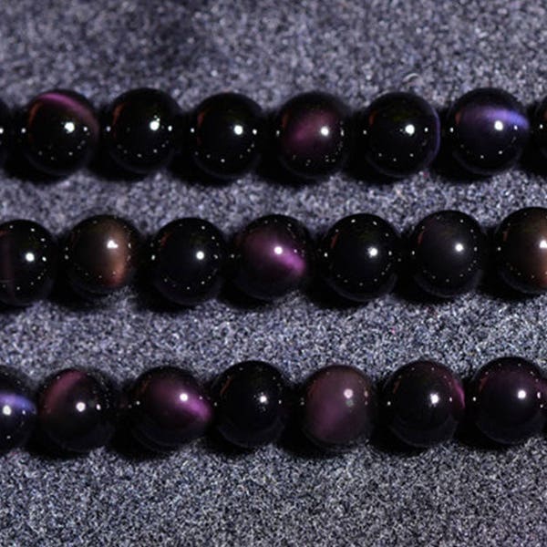 Grade AAA Natural Purple Luster Black Obsidian Beads, Smooth Round 8mm-18mm, 15.4 Inch Strand (GO07)
