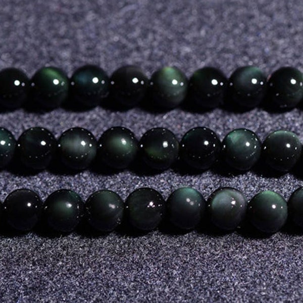 Grade AAA natuurlijke groene glans zwarte obsidiaan kralen, gladde ronde 8 mm-18 mm, 15,4 inch streng (GO08)