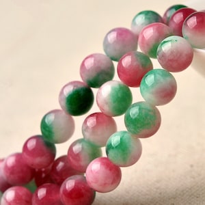Natural Watermelon Color Jade Beads Multi-tones Green Pink Jade Beads, Smooth Polished Round 6mm 8mm 10mm 12mm, 15.4 Inch Full Strand (GJ35)