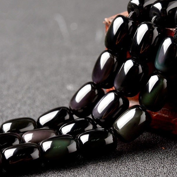 Perles d’obsidienne noire naturelle, forme de tonneau, brin de 15,4 pouces (GO58)