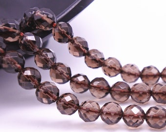 Faceted Grade A Natural Smoky Quartz Beads, with 64 Facets, Round 6mm-14mm , 13.8 Inch Strand (GY27)
