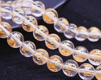 Grade A Natural Clear Quartz Beads, with Carved Mantra, Smooth Round 6mm-16mm, 15.4 Inch Strand (GW18)
