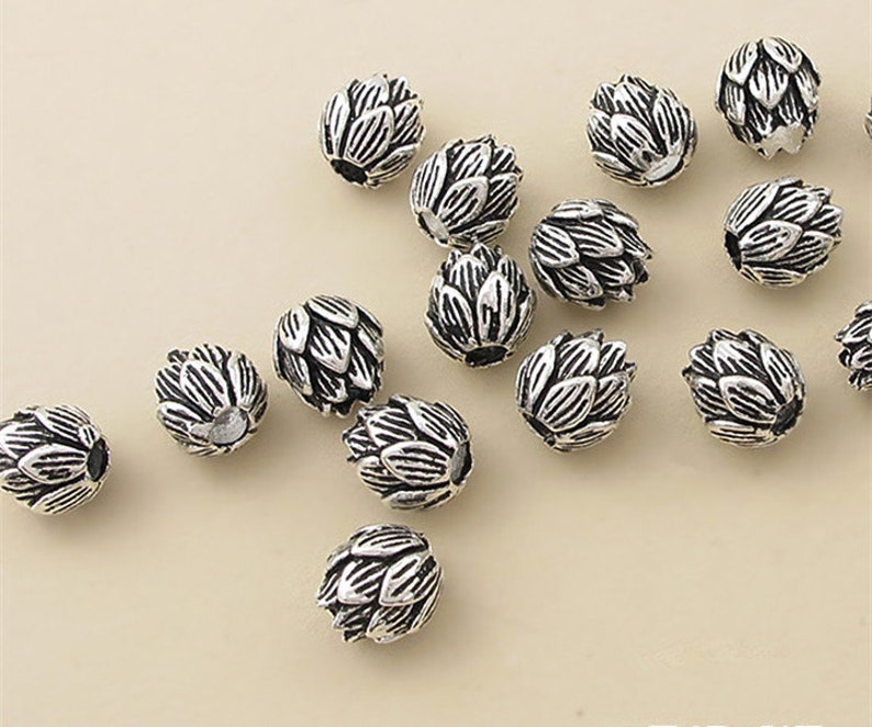 4pcs 8mm Thai Sterling Silver Beads, Carved Lotus Shape, Solid 925 Silver Bead Spacers S048T image 2