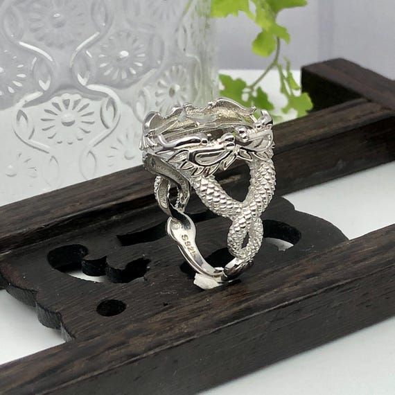 Men's Ring Blank (13x17mm Oval Blank) Adjustable Ring Setting White Gold Plated 925 Silver Ring Base Dragon Style Ring Component R1370B