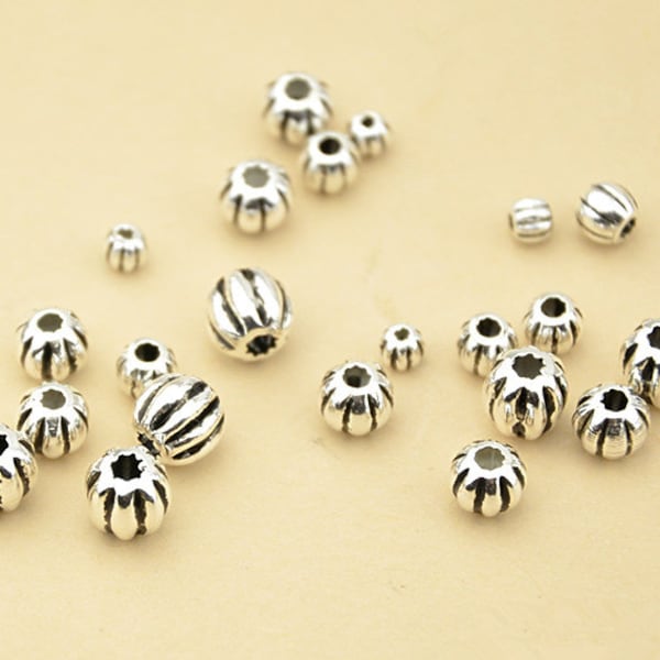 3mm-6mm Thai Sterling Silver Beads, Carved Watermelon Shape Beads, 925 Silver Bead Spacers (S002T)