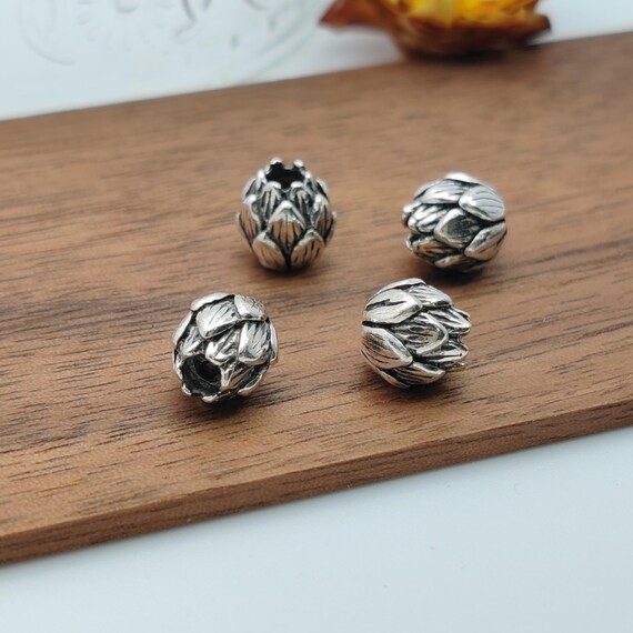 4pcs 8mm Thai Sterling Silver Beads, Carved Lotus Shape, Solid 925