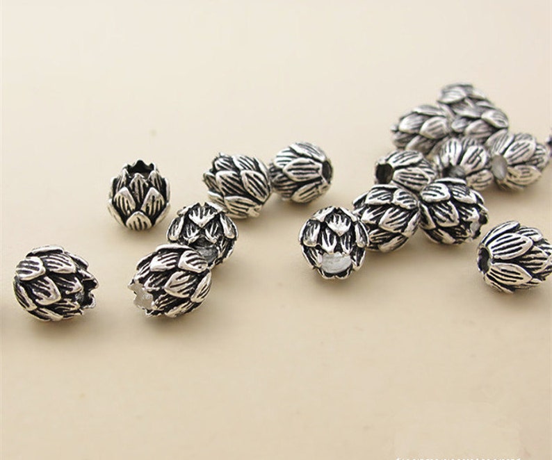 4pcs 8mm Thai Sterling Silver Beads, Carved Lotus Shape, Solid 925 Silver Bead Spacers S048T image 4