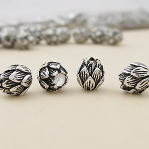 4pcs 8mm Thai Sterling Silver Beads, Carved Lotus Shape, Solid 925 Silver Bead Spacers S048T image 3