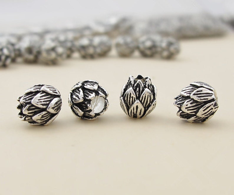 4pcs 8mm Thai Sterling Silver Beads, Carved Lotus Shape, Solid 925 Silver Bead Spacers S048T image 3