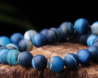 Perles d’agate à rayures givrées naturelles de 8 mm à 10 mm, bleues, rondes, brin de 15,4 pouces (GA68)