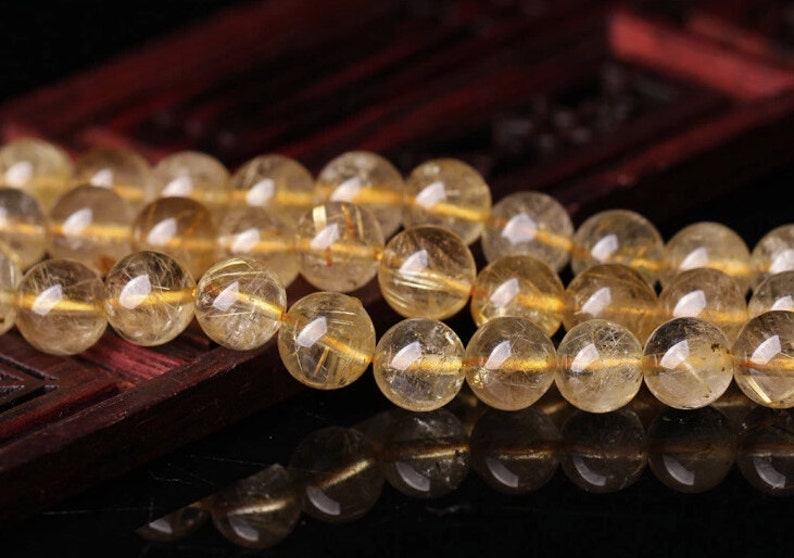 PROMOTION 5mm-8mm Natural Gold Rutilated Quartz Beads, Smooth Round, 15.4 Inch Strand GF20 image 1