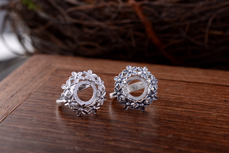 925 Silver Flower Shape Ring Base Adjustable Sterling Silver Ring Setting R717B Ring Blank Vintage Style Silver, 7x7mm 7x7mm//10x10mm Round Blank