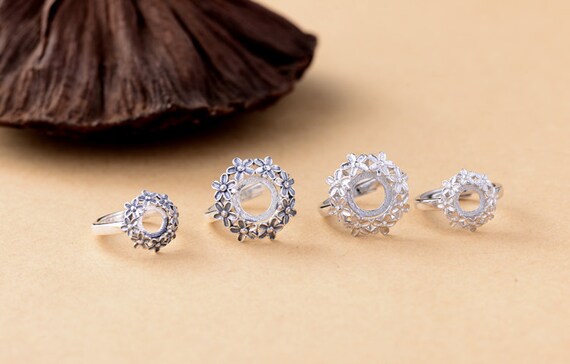 925 Silver Flower Shape Ring Base Adjustable Sterling Silver Ring Setting R717B Ring Blank Vintage Style Silver, 7x7mm 7x7mm//10x10mm Round Blank
