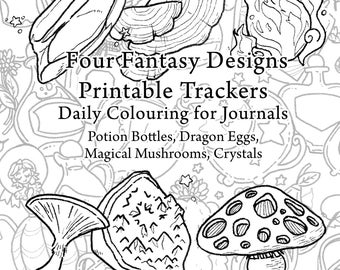 Fantasy Colouring Pages - Four Designs - For Journals, Trackers, etc - Dragon eggs, Potion bottles, Mushrooms, Crystals