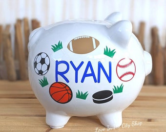 Personalized Ceramic Sports Piggy Bank, Sports Bank, Baseball Bank, Boy Bank, Soccer Money Jar, Basketball Piggy Bank, Football Piggy Bank,