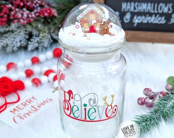 Christmas holiday glass candy jar, candy cane desk candy jar decor, farmhouse gingerbread decor,  Christmas candy theme display, cocoa jar