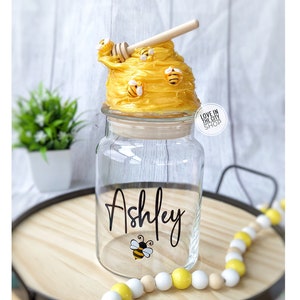 Bumblebee glass candy jar with lid, honeycomb decor, bumblebee candy jar, honeybee decor, fake food decor, honey bee party favor, treat jar