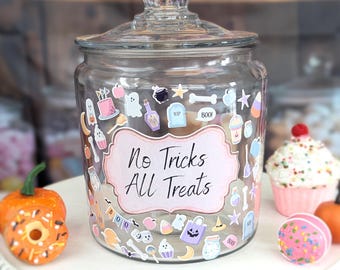 Halloween Candy Jar with Lid, Halloween Cookie Jar for Treats, Pastel Halloween Decor for Kitchen, Trick or Treat Container, Cute Ghost Jar