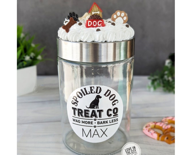 Personalized glass dog treat canister, custom puppy treat container, gift for new dog owner, rescue dog gift jar, dog biscuit jar with lid