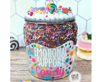 Personalized glass candy jar for emotional support, custom chocolate office candy jar with whipped cream lid, large glass candy jar display