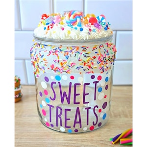 Personalized Sweet Treats large glass candy jar, custom dessert jar with whipped cream frosting lid, gummy candy  and freeze dried candy