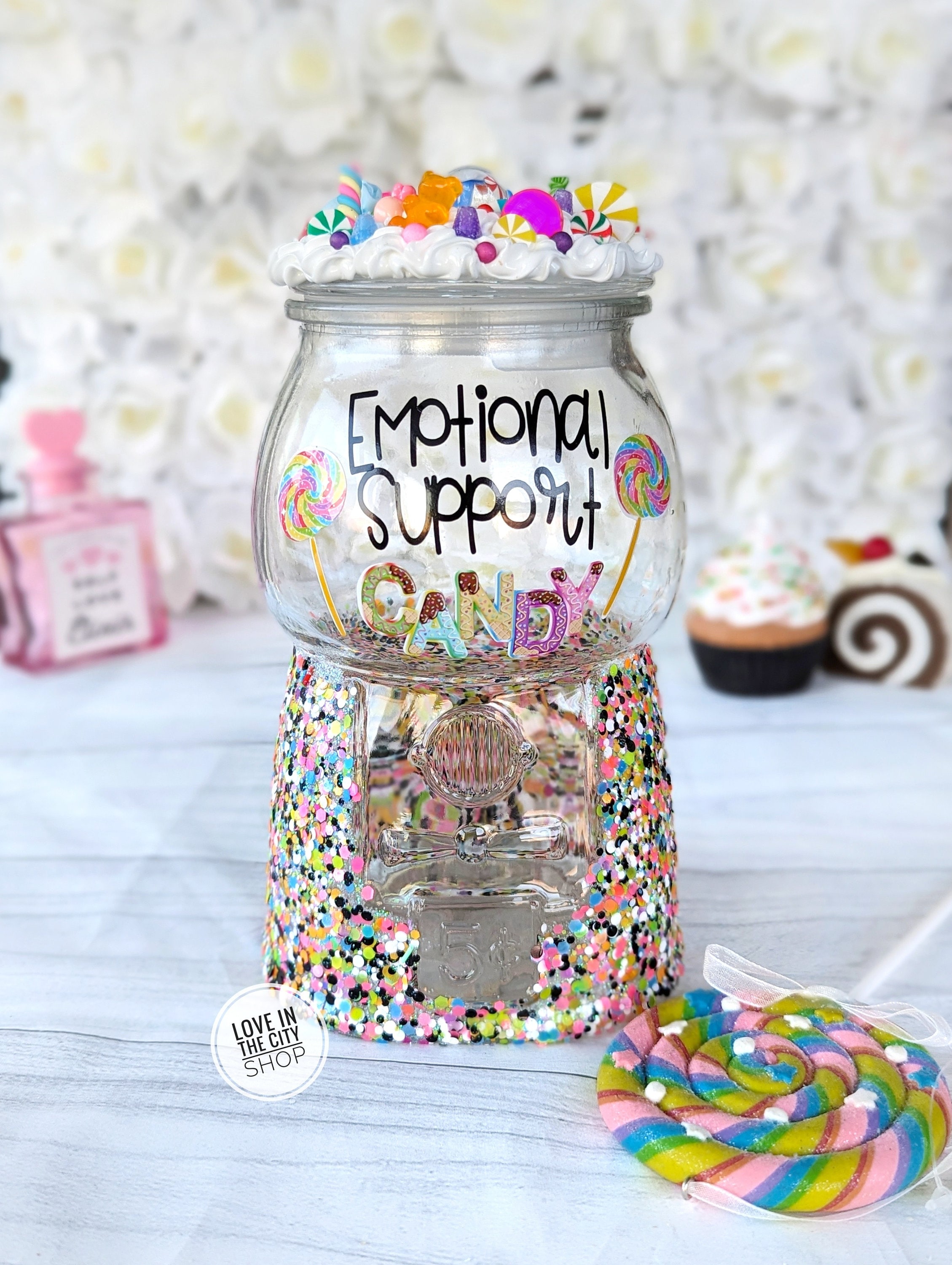 Personalized Glass Gumball Machine Candy Jar with Lid, Frosting Topper Candy Holder, Custom Desk Candy Jar for home office, Candy theme gift