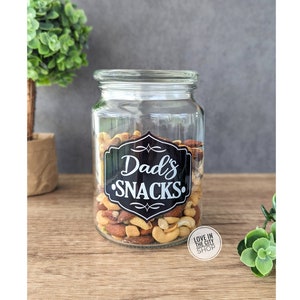 Personalized Dad glass snack jar with lid, trail mix container, father office desk decor, clear kitchen container for snacks and treats