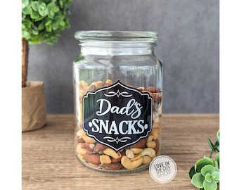 Personalized Dad glass snack jar with lid, trail mix container, father office desk decor, clear kitchen container for snacks and treats