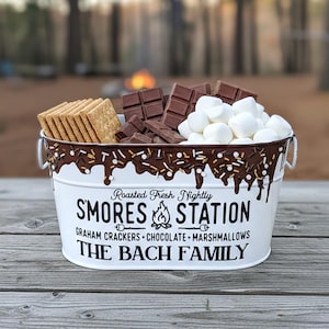 Personalized Smores Caddy for a Smore station, white metal smore caddy, camping caddy container, s'mores basket, s'mores camper decor