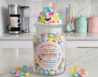 Funny Mom Candy Jar - Mom's Survival Kit - New Mom Care Package Jar - Snack Canister Jar- Personalized Glass Candy jar With Lid, Grandma Jar