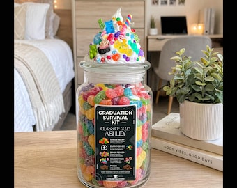 Graduation Survival Candy Jar Gift, College Care Package for Student, Personalized Graduation Candy Jar, Class of 2026 Senior Grad Gift Jar