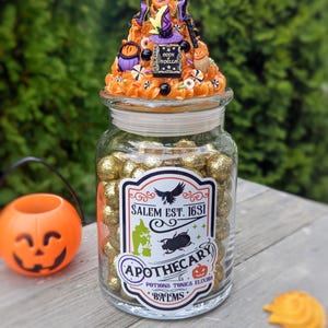 Custom glass Halloween candy jar with fake frosting topper, Halloween candy themed decor, Halloween office dek jar, Halloween candy bowl