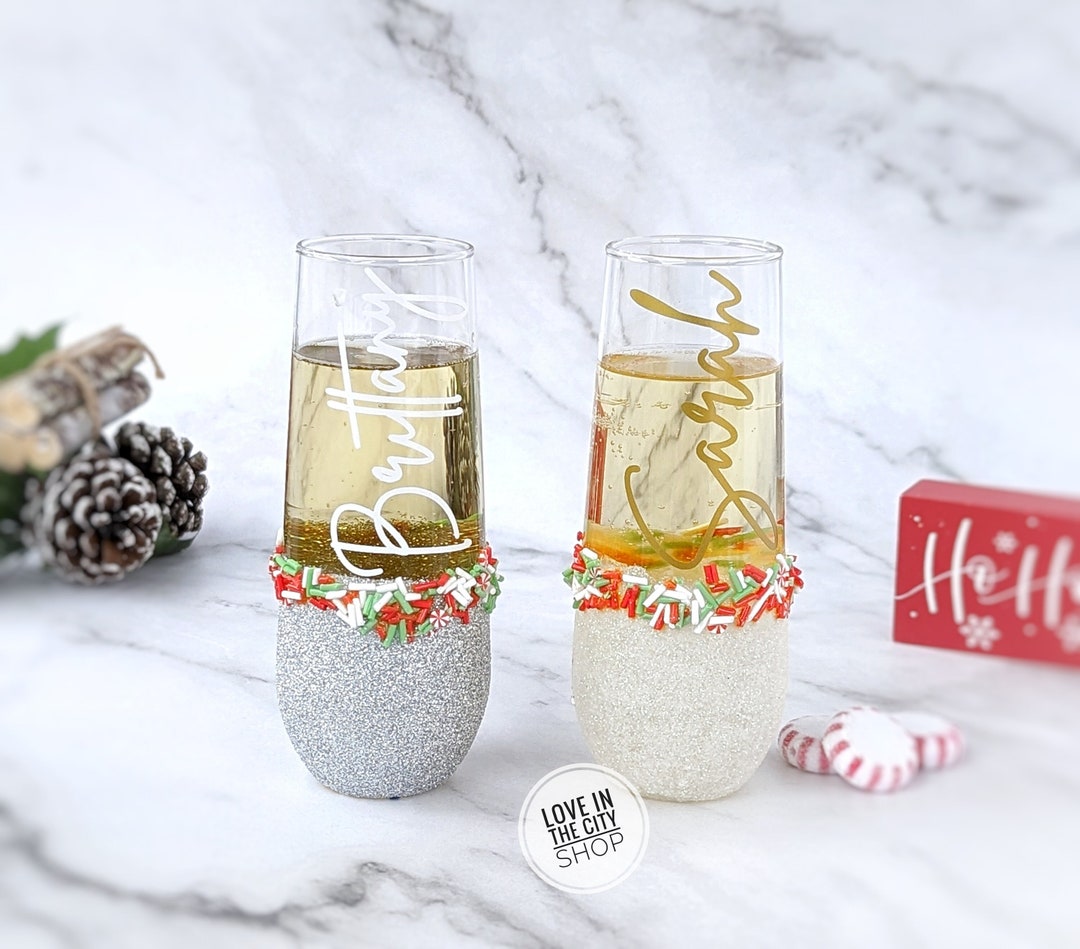 Personalized Christmas Champagne Glass With Holiday Sprinkles