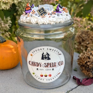 Custom Glass Halloween Candy Jar with Lid, personalized fall candy container with fake frosting, Halloween Party Candy buffet table jars